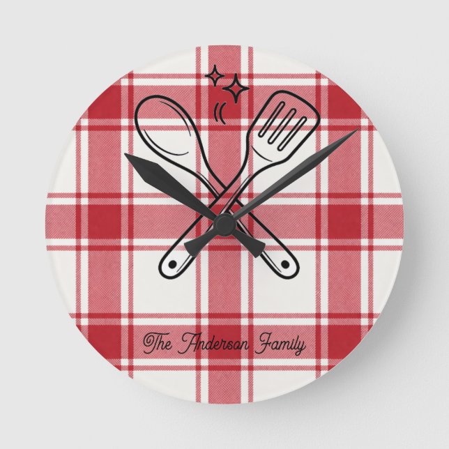 Plaid Red & White Custom Name Gift Round Clock (Front)