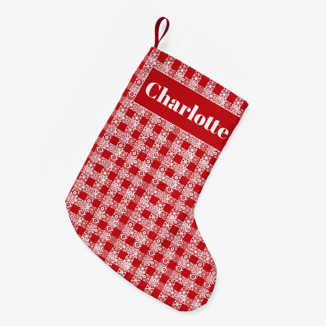 Plaid red white lace chequered pattern custom name small christmas stocking (Front (Hanging))