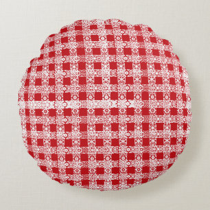 Plaid red white lace vintage farmhouse pattern round cushion