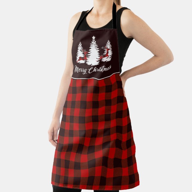 Plaid Reindeer and Pine Trees Christmas Scene Apron (Insitu)