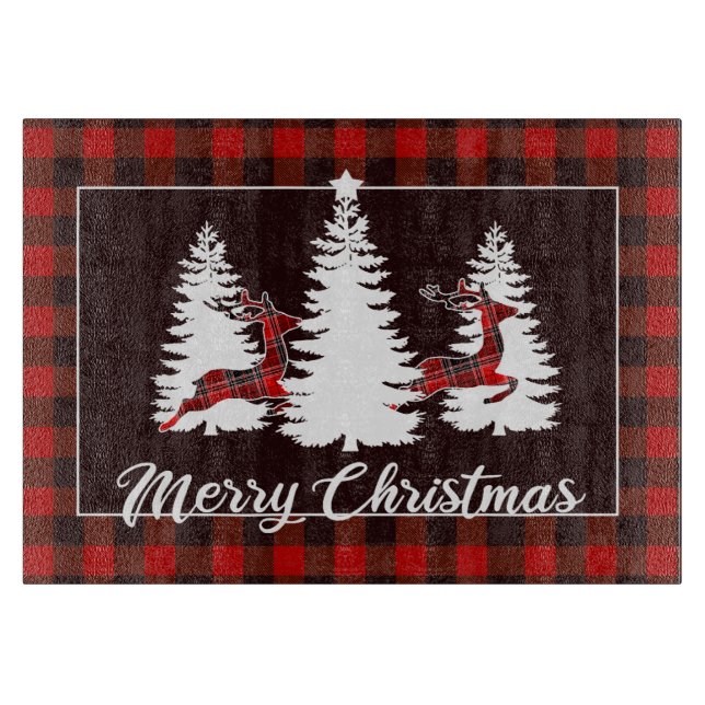 Plaid Reindeer and Pine Trees Christmas Scene Cutting Board (Front)