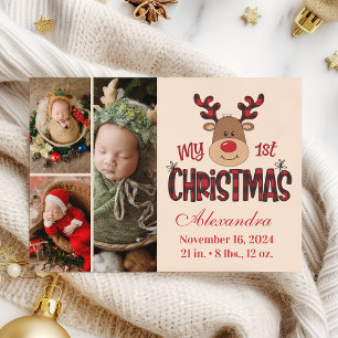 Plaid Reindeer Baby First Christmas 3 Photo  Holiday Card