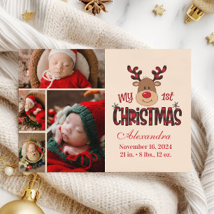 Plaid Reindeer Baby First Christmas 4 Photo  Holiday Card