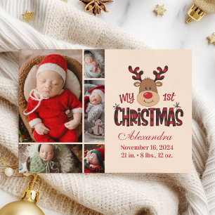 Plaid Reindeer Baby First Christmas 5 Photo  Holiday Card