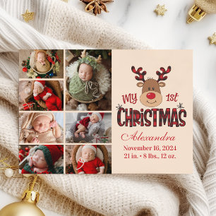 Plaid Reindeer Baby First Christmas 7 Photo  Holiday Card