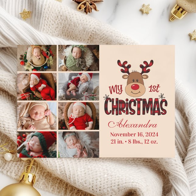 Plaid Reindeer Baby First Christmas 8 Photo  Holiday Card (Creator Uploaded)