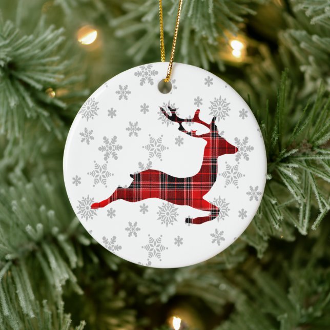 Plaid Reindeer Christmas Ceramic Ornament (Tree)