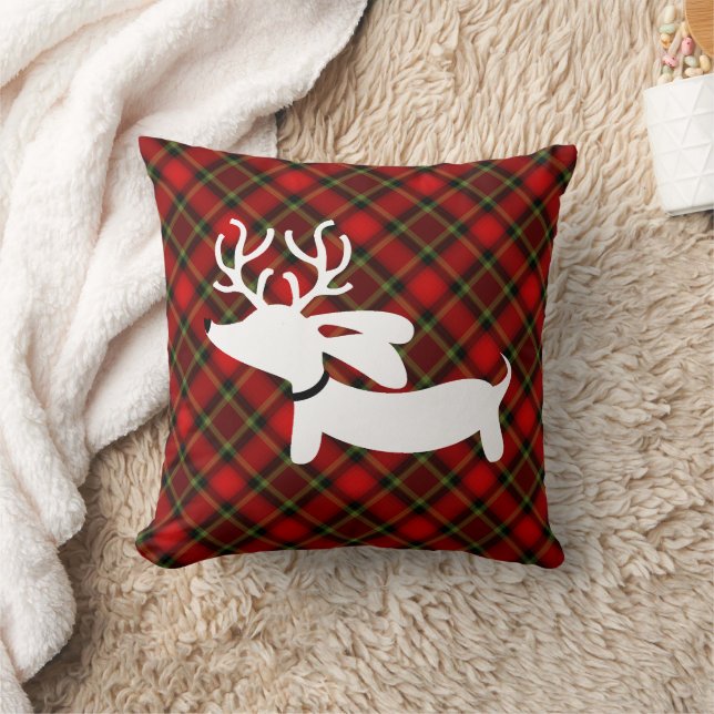 Plaid Reindeer Dachshund Cushion (Blanket)