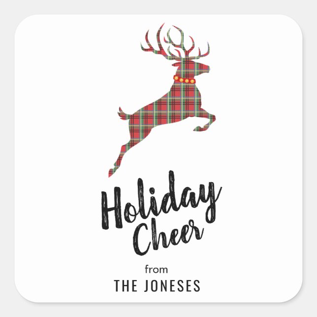 Plaid Reindeer Holiday Cheer Square Sticker (Front)