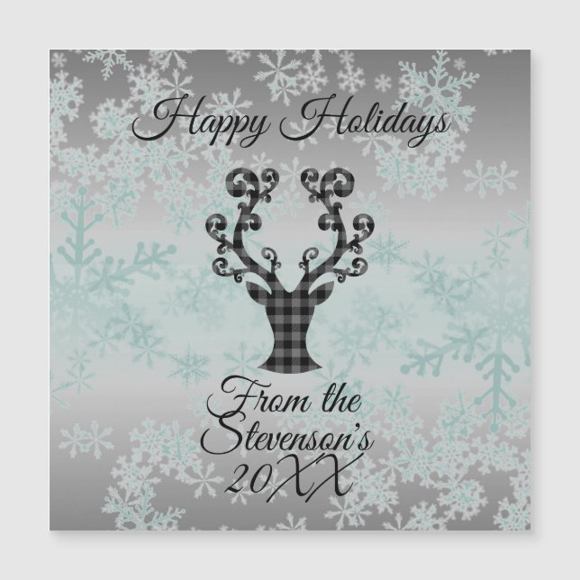 Plaid Reindeer Snowflakes Christmas Magnetic Card (Front)