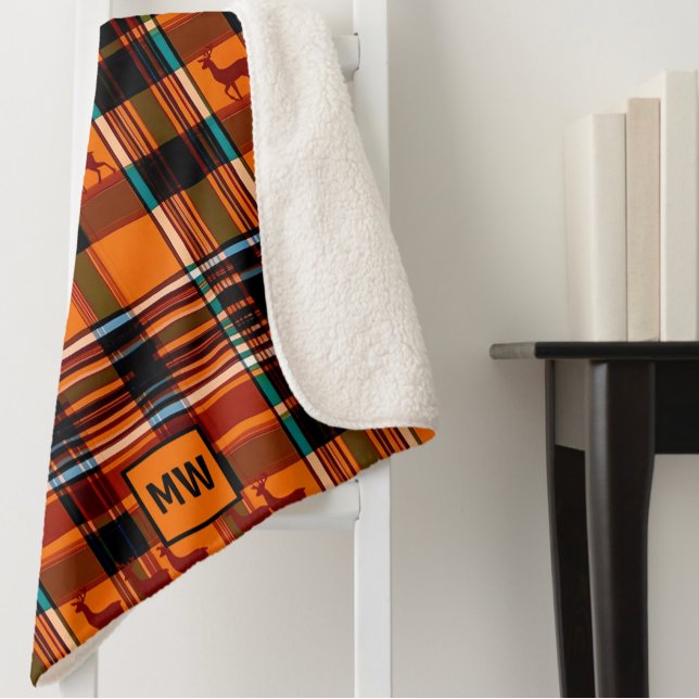 Plaid reindeer, winter autumn Christmas monogram Sherpa Blanket (Creator Uploaded)