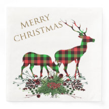 Plaid Reindeers Merry Christmas & Greenery