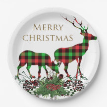 Plaid Reindeers Merry Christmas & Greenery