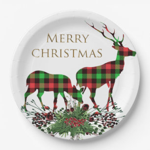 Plaid Reindeers Merry Christmas & Greenery Paper Plate