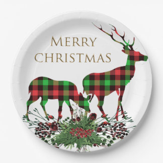 Plaid Reindeers Merry Christmas & Greenery Paper Plate