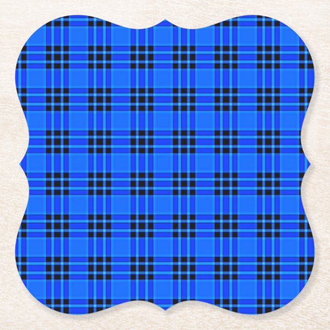 Plaid Royal Blue Black Checks Pattern Paper Coaster (Front)