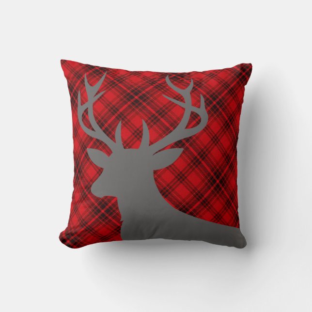 Plaid Rustic Deer Head Silhouette | red Cushion (Front)