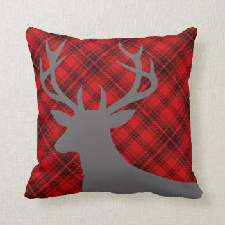 Plaid Rustic Deer Head Silhouette | red Cushion