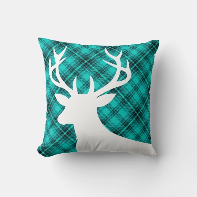 Plaid Rustic Deer Head Silhouette | teal Cushion (Front)