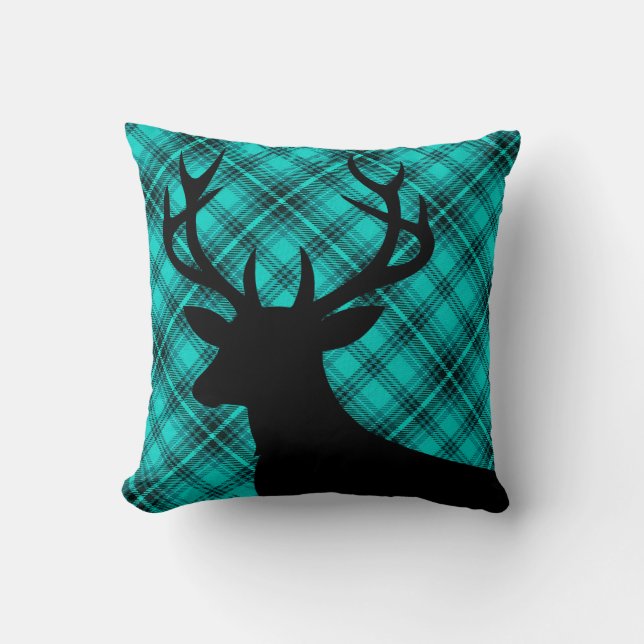 Plaid Rustic Deer Head Silhouette | teal Cushion (Front)