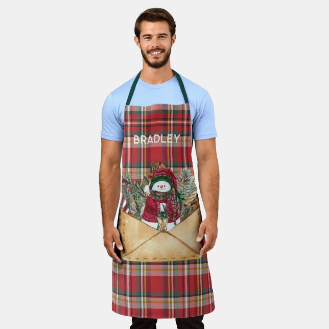 Plaid Rustic Holidays Personalised Cute Newlyweds Apron (Worn)