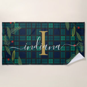 Plaid Rustic Monogram Script Wreath Tartan Beach Towel