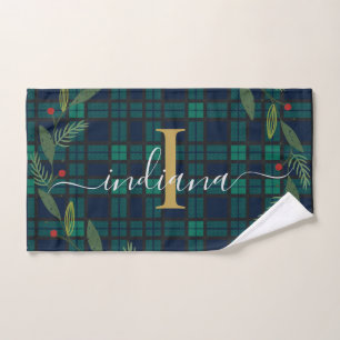 Plaid Rustic Monogram Script Wreath Tartan Hand Towel