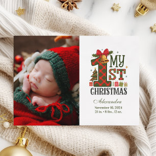 Plaid Rustic Photo First Christmas Holiday Card