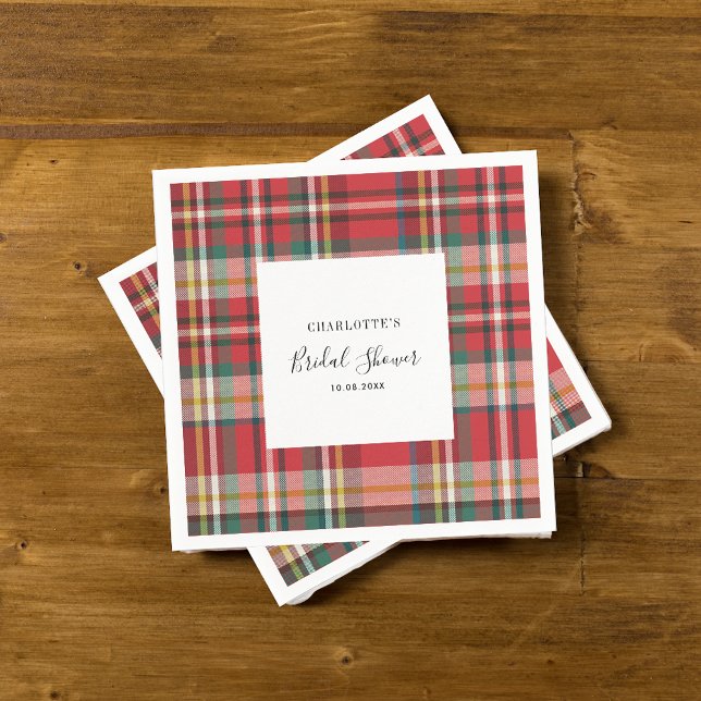 Plaid Rustic Red Check Bridal Shower Paper Napkin (Plaid Script Bridal Shower Paper Napkin)
