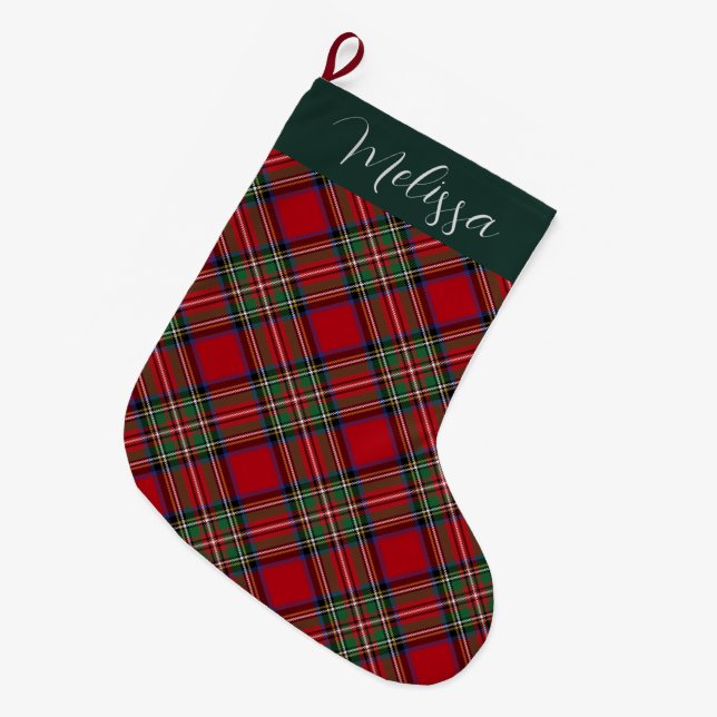 Plaid Rustic Red Green Personalised Stewart Tartan Large Christmas Stocking (Front (Hanging))