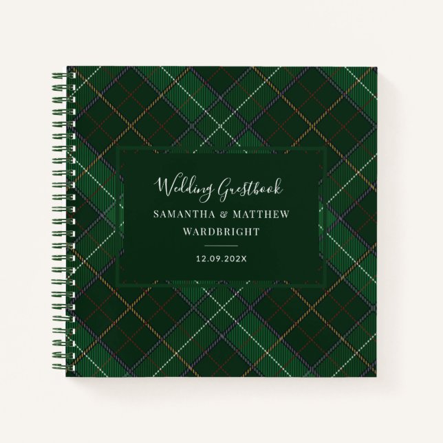 Plaid Rustic Wedding Green Tartan Guest Book (Front)