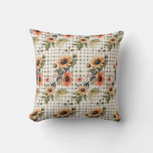 Plaid Sage Green and Sunflowers Pattern Cushion