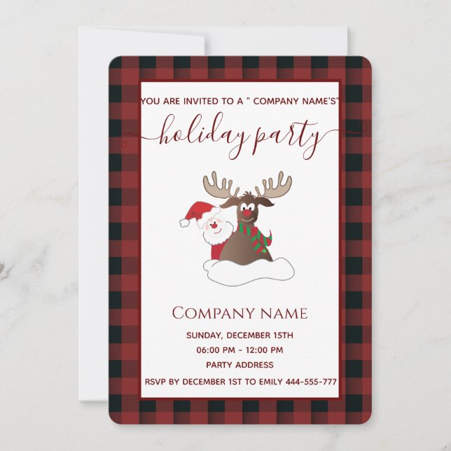 Plaid Santa reindeer  holiday party corporate Invitation (Front)