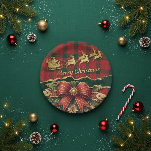 Plaid Santa Sleigh  Wreath Merry Christmas Gold Paper Plate