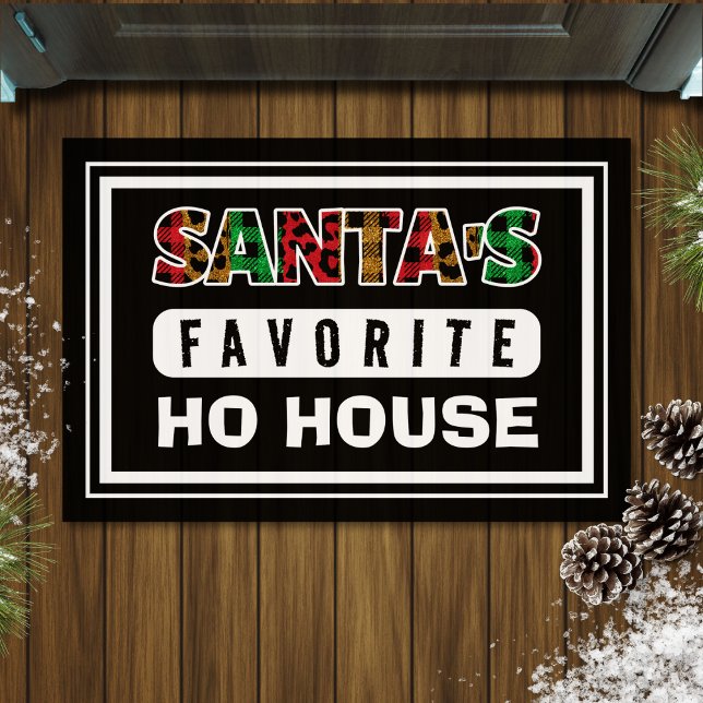 Plaid Santa's Favourite Ho House Funny Christmas Doormat (black Christmas doormat with funny quote "Santa's favorite ho house")
