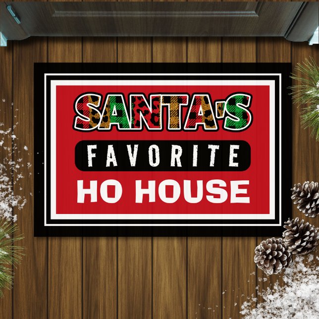 Plaid Santa's Favourite Ho House Funny Christmas Doormat (red Christmas doormat with funny quote "Santa's favorite ho house")