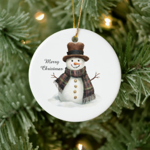 Plaid Scarf Snowman Christmas Ceramic Ornament