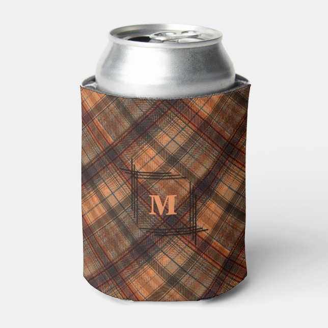 Plaid Scottish tartan brown orange black classic Can Cooler (Can Front)