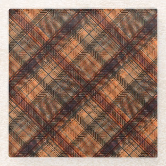Plaid Scottish tartan brown orange black classic Glass Coaster (Front)