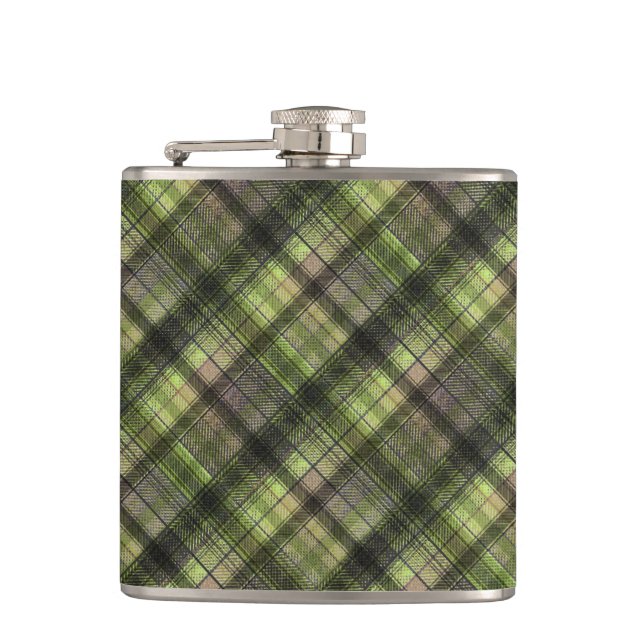 Plaid Scottish tartan green black classic Hip Flask (Front)