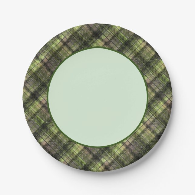 Plaid Scottish tartan green black classic Paper Plate (Front)