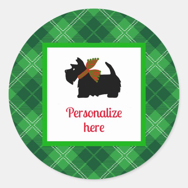 Plaid Scotty Dog Merry Personalised Gift  Classic Round Sticker (Front)