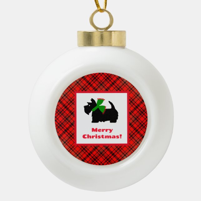 Plaid Scotty Dog Personalised  Ceramic Ball Christmas Ornament (Front)