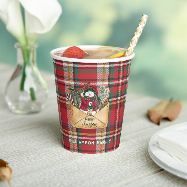 Plaid Script Christmas Custom Family Rustic Paper Cups (Insitu)