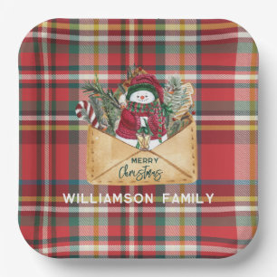 Plaid Script Christmas Custom Family Rustic Paper Plate