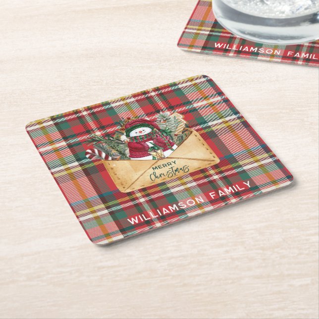 Plaid Script Christmas Custom Family Rustic Paper Square Paper Coaster (Angled)