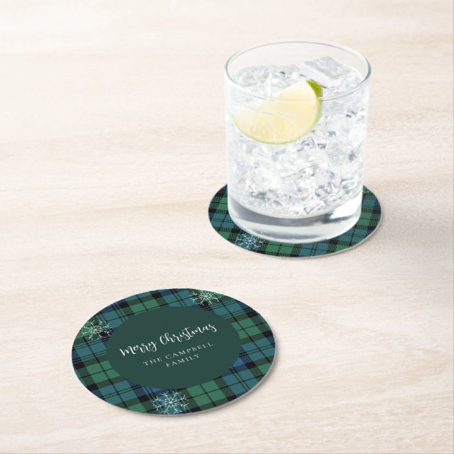 Plaid Script Farmhouse Campbell Tartan Round Paper Coaster (Insitu)