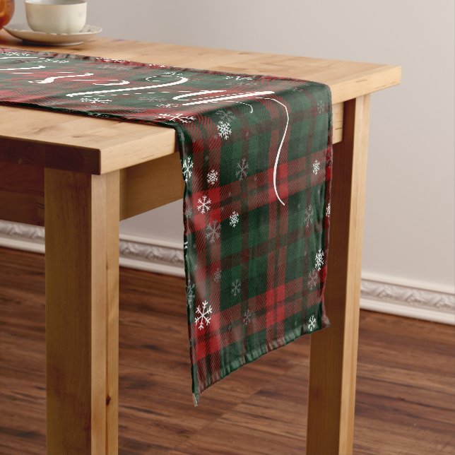 Plaid Script Merry Christmas Snowflakes Rustic Short Table Runner (In Situ)