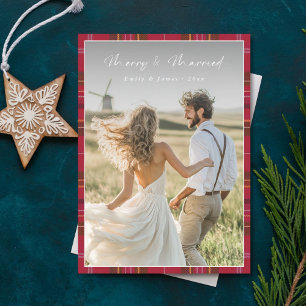 Plaid Script Merry & Married Newlywed Christmas Holiday Card