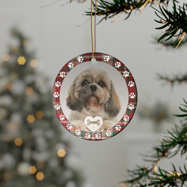 Plaid Shih Tzu Dog Pet Photo Christmas Holiday Ceramic Ornament (Plaid Red Check Pet Paws Ceramic Ornament)